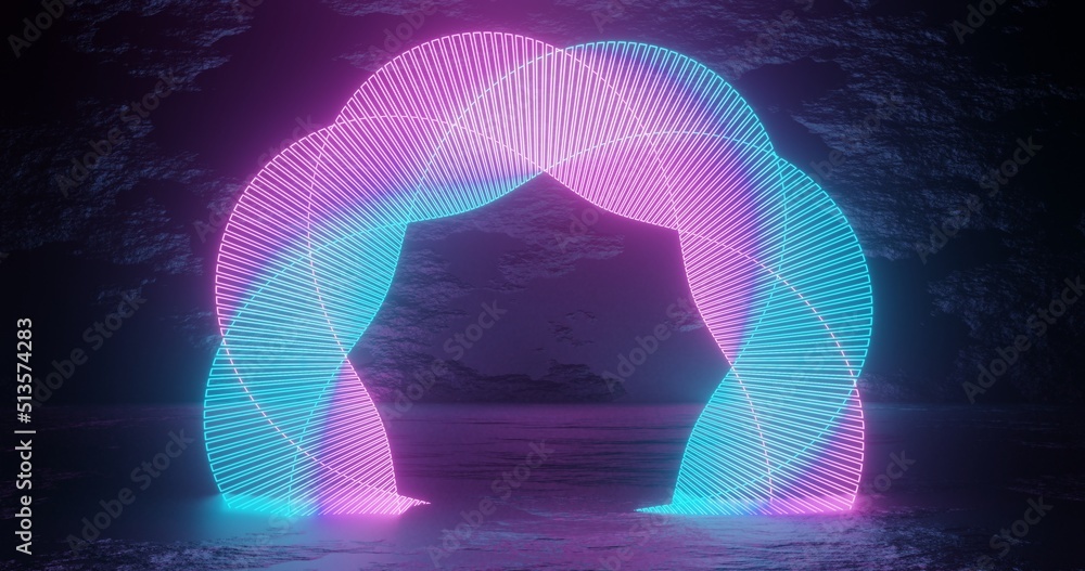 Poster technological and futuristic abstract blue and purple neon shapes on black background over reflectiv