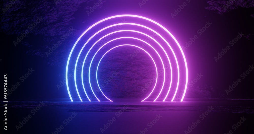 Poster technological and futuristic abstract blue and purple neon shapes on black background over reflectiv