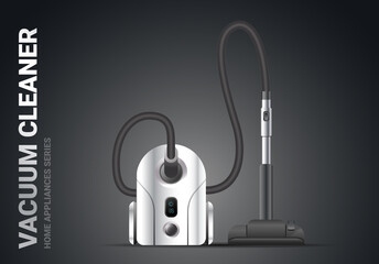 Vector realistic illustration of silver color vacuum cleaner with brush on dark background. 3d style shine vacuum cleaner appliances design