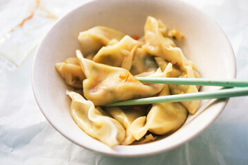 Gyozas Japanese with vegetables and soy sauce 