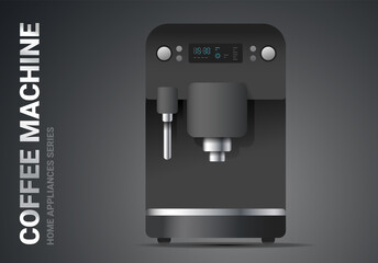 Vector realistic illustration of black color coffee machine on dark background. 3d style shine coffee machine appliances design