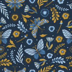 Naklejka na ściany i meble Vector seamless pattern with summer herbs and butterflies