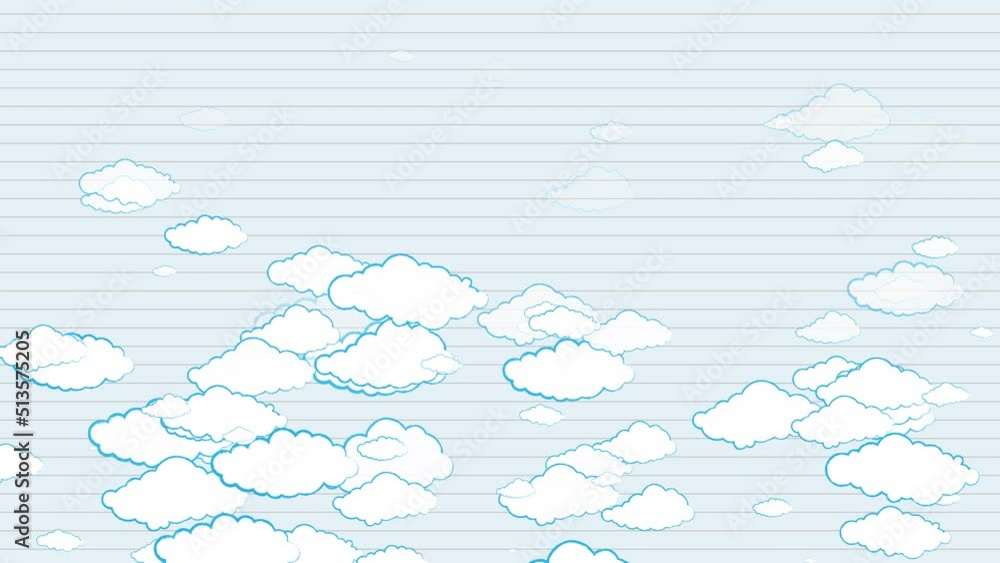 Poster cartoon clouds are drawn on a notebook sheet. cartoon clouds floating vertically on the blue sky bac