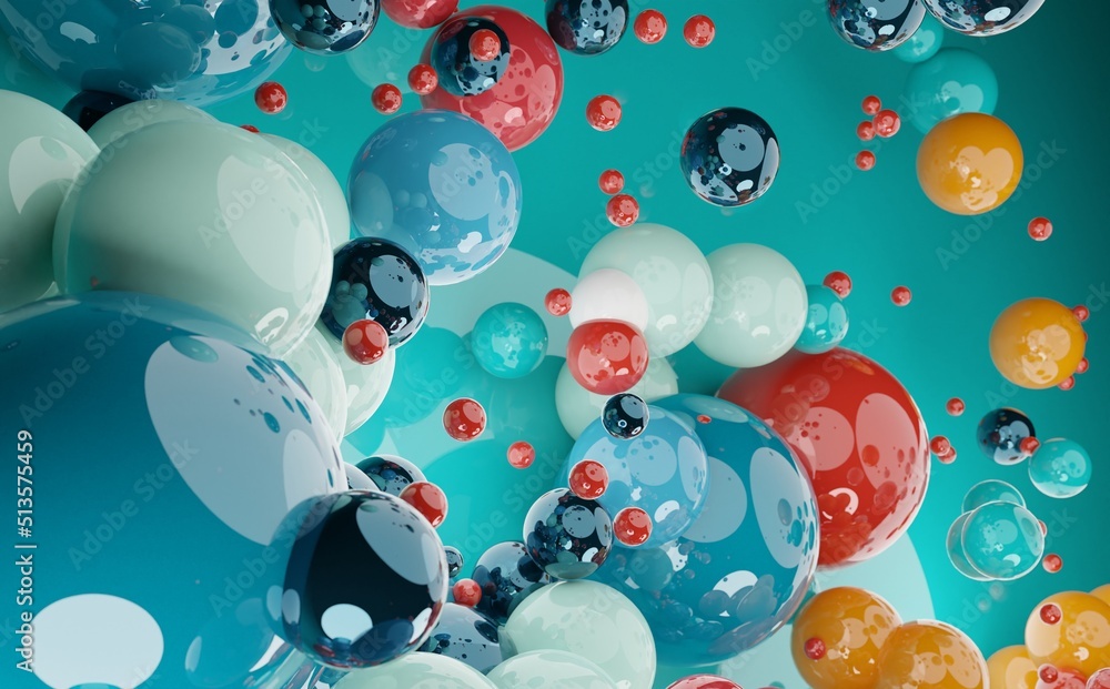 Poster abstract colorful 3d art background with multiple colors. glossy floating liquid blobs, soap bubbles
