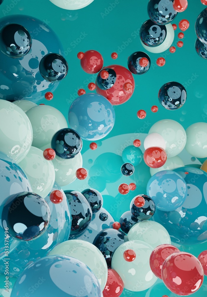 Poster abstract colorful 3d art background with multiple colors. glossy floating liquid blobs, soap bubbles