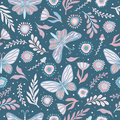 Fototapeta na wymiar Floral seamless pattern with butterflies, hand drawn elements, vector design
