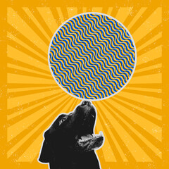 Contemporary art collage. Cute dog with huge circle with optical illusion pattern, design. Concept...