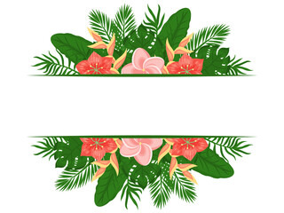 Summer cute frame with palm leaves and exotic flowers. Place for text. Template for design. Vector illustration. cartoon style