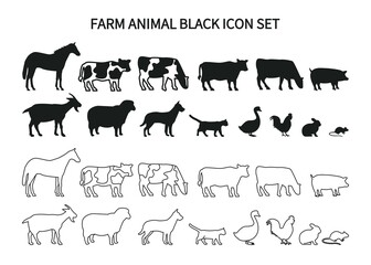 Farm Animals Black and White Icon Set