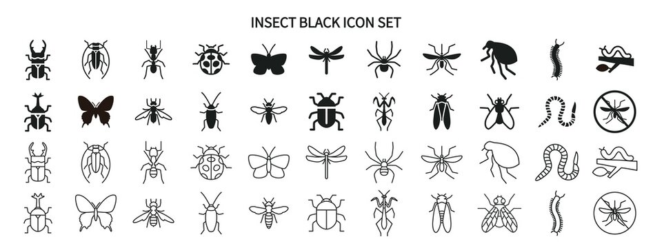Insect and pest black-and-white icon set