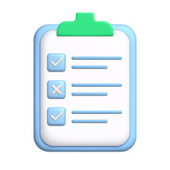 Document 3d icon. Sheet of paper on clipboard. To-do list concept with check and cross marks. 3d realistic design element.