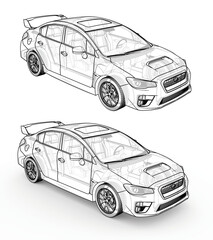 Fototapeta premium Car sketch. Black contour sketch detailed car isolated on white background