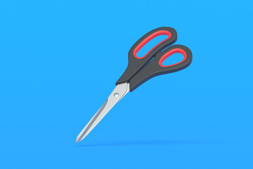 Flying scissors on blue background. Barber equipment. Stationery accessories. Preschool education. 3d render