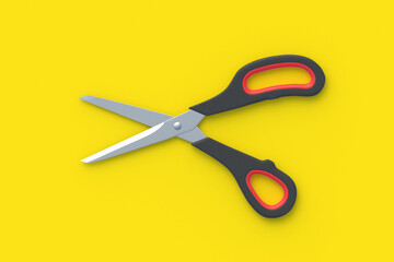 Opened scissors on yellow background. Barber equipment. Stationery accessories. Preschool education. Top view. 3d render