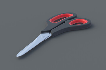 Scissors on gray background. Barber equipment. Stationery accessories. Preschool education. 3d render