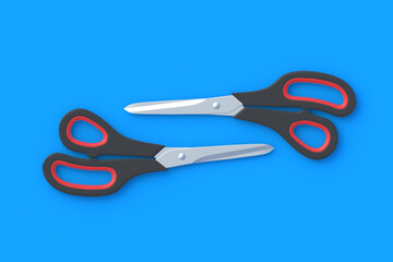 Pair of scissors on blue background. Barber equipment. Stationery accessories. Preschool education. Top view. 3d render