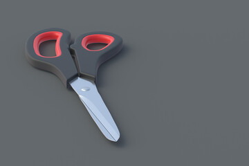 Scissors on gray background. Barber equipment. Stationery accessories. Preschool education. Copy space. 3d render