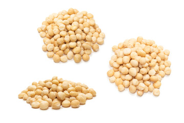 Macadamia nuts isolated on white background.