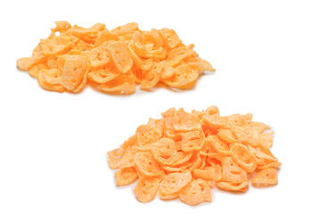 Crispy salted snacks on white background.