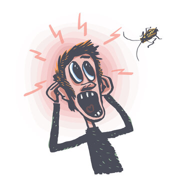 The man is afraid of the cockroach. Insectophobia. Cowardly screech. A comic character. Vector illustration 