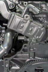 closeup view of modern automobile vehicle engine and spare parts.