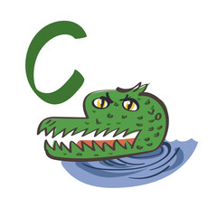 Green crocodile head. Comic character. Vector illustration 