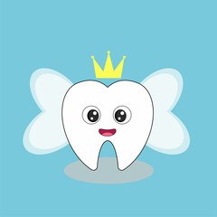 Cute tooth fairy with crown and magic wings. Vector illustration