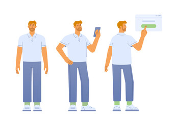 Vector illustration of a male character. Poses front, side, back. A man in a casual outfit is standing. Flat design, isolated on white background. 