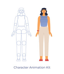 Vector illustration of a female character. Body parts for animation. A beautiful woman in casual outfit standing, front view. Flat design, isolated on white background. 