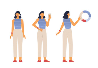 Vector illustration of a female character. Poses front, side, back. A woman in a casual outfit is standing. Flat design, isolated on white background. 