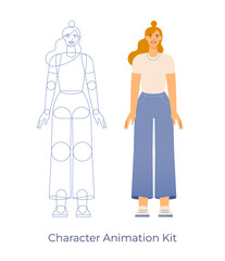 Vector illustration of a female character. Body parts for animation. A blond woman in casual outfit standing, front view. Flat design, isolated on white background. 