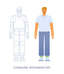 Vector illustration of a male character. Body parts for animation. A blond man in casual outfit standing, front view. Flat design, isolated on white background. 