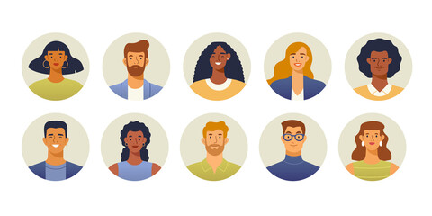 Set of people avatars. Smiling human male and female portrait in circle. Isolated on white background. Trendy, modern illustration in flat design. 