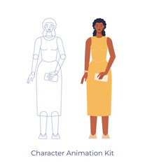 Vector illustration of a female character. Body parts for animation. A black woman in yellow dress standing, front view. Flat design, isolated on white background. 