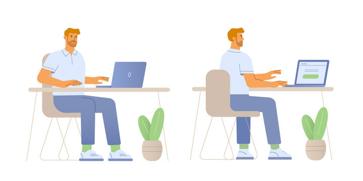 Vector illustration of a male character. A man works at the laptop in the office. Front and back view. Flat design, isolated on white background.