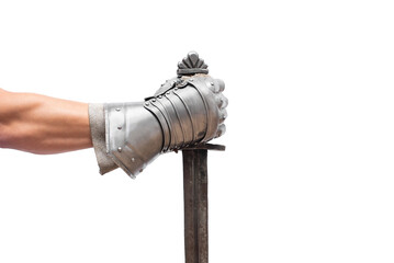 Sword in knight hand isolated on the white background close up.
