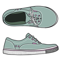 Hand drawn color sneakers, gym shoes. Doodle vector illustration.	
