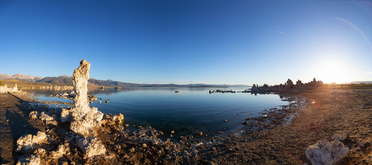 Tufa towers rock formation in Mono Lake. Sunny Sunrise. Located in Lee Vining, California, United...