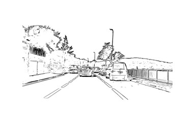 Building view with landmark of Murter is the Island in Croatia. Hand drawn sketch illustration in vector.