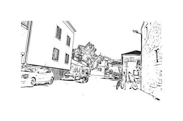 Building view with landmark of Murter is the Island in Croatia. Hand drawn sketch illustration in vector.