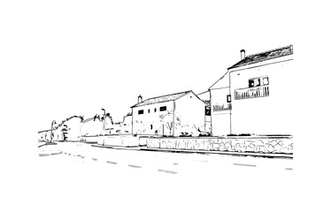 Fototapeta na wymiar Building view with landmark of Murter is the Island in Croatia. Hand drawn sketch illustration in vector.