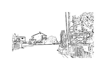 Building view with landmark of Murter is the Island in Croatia. Hand drawn sketch illustration in vector.