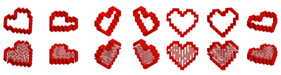 Set of 14 red isometric hearts. Half of them with a simple labyrinth inside. Vector 3d modern style rectangular symbols of love  isolated on white background. Useful for logos, icons, etc
