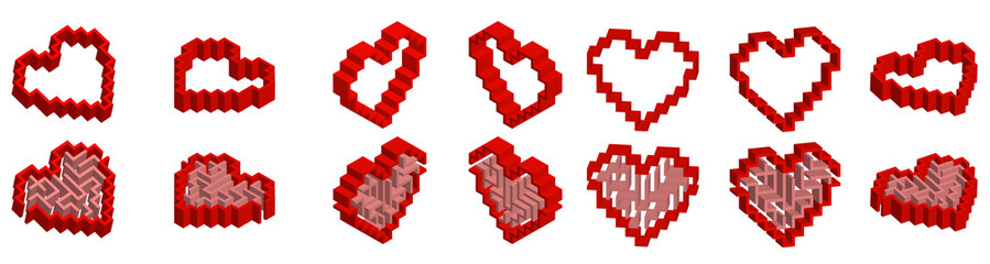 Fototapeta premium Set of 14 red isometric hearts. Half of them with a simple labyrinth inside. Vector 3d modern style rectangular symbols of love isolated on white background. Useful for logos, icons, etc