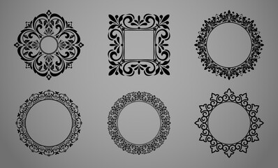 Set of decorative frames Elegant vector element for design in Eastern style, place for text. Floral black and gray borders. Lace illustration for invitations and greeting cards
