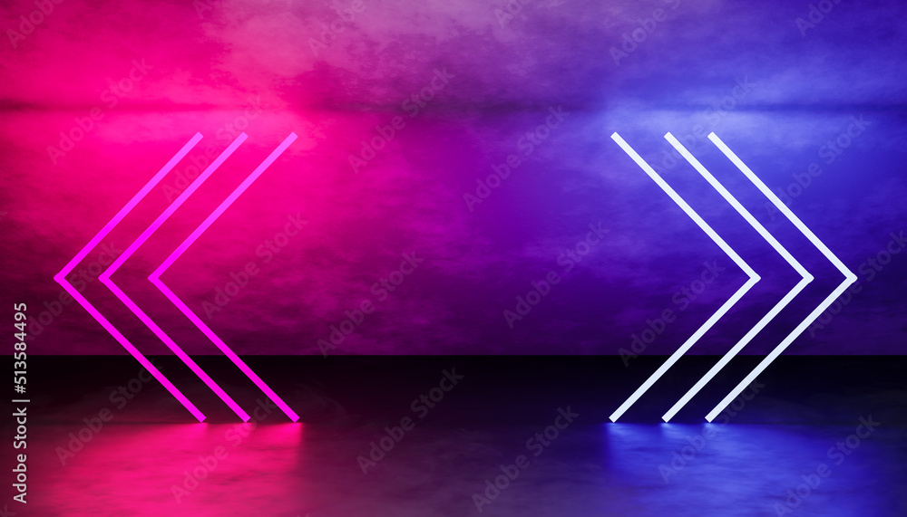 Poster wall background with arrow neon lighting effect pink purple and blue. glowing lights for text produc