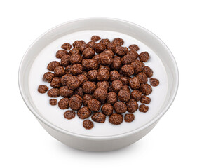 Chocolate corn balls with milk isolated on white background