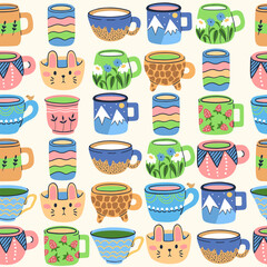 Seamless Pattern with cups with tea or coffee. Handmade ceramic with hand drawn patterns on cup and mug. Colored trendy vector illustration.  
