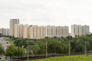 Urban landscape. Sleeping area of Moscow. Typical high-rise apartment buildings in Russia. Housing, building, construction concept.