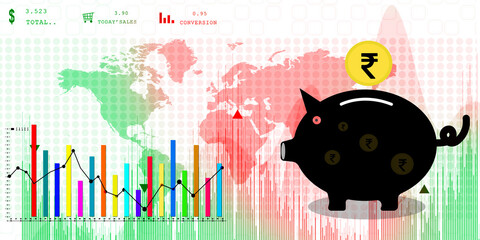 2d illustration indian rupee sign with Pig Coin bank
